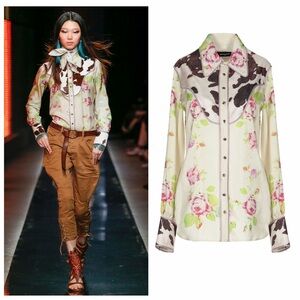 DSQUARED2 Silk Western Shirt Cow Print Floral Roses Snap Blouse IT 38 US 2 NWT